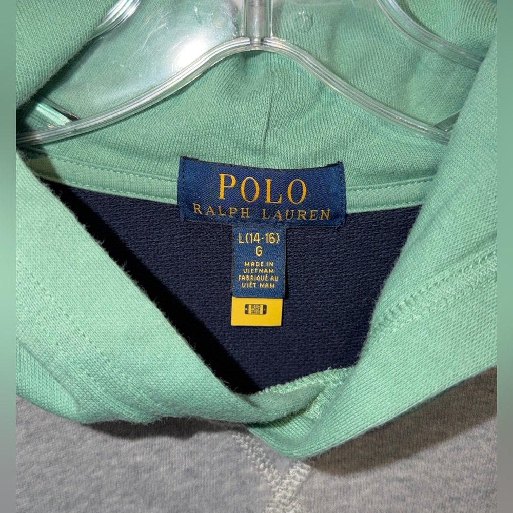 Polo Ralph Lauren Hoodie Colorblock Blue Gray Yellow Pullover Sweatshirt L 14 16 - Picture 9 of 13